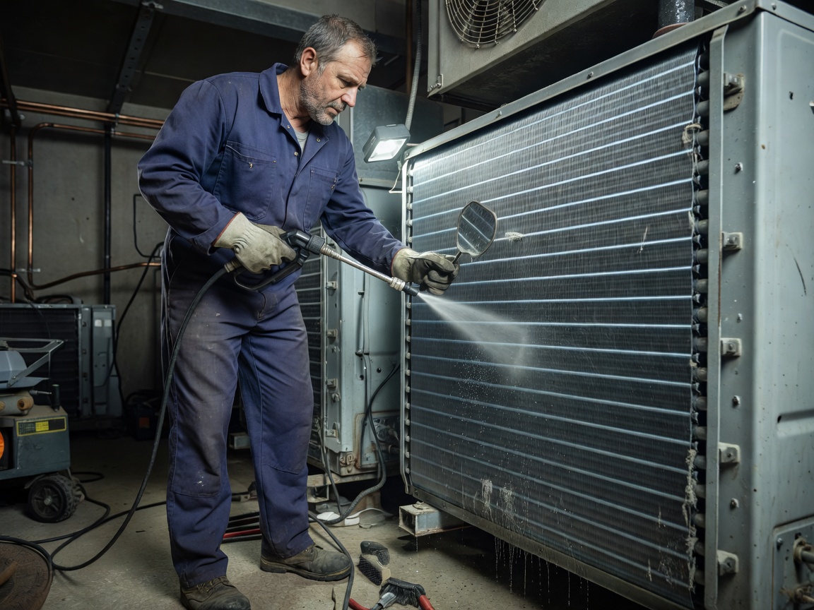 Technician cleaning HVAC coils