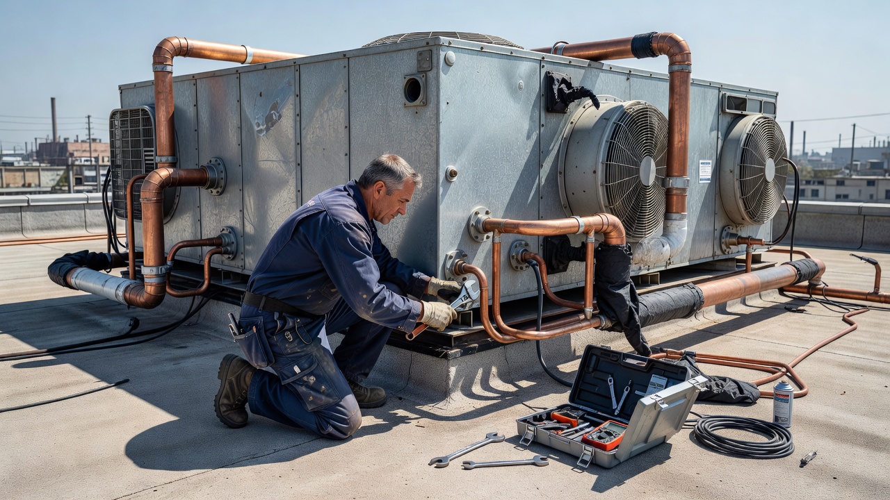 Technician working on industrial air conditioning system